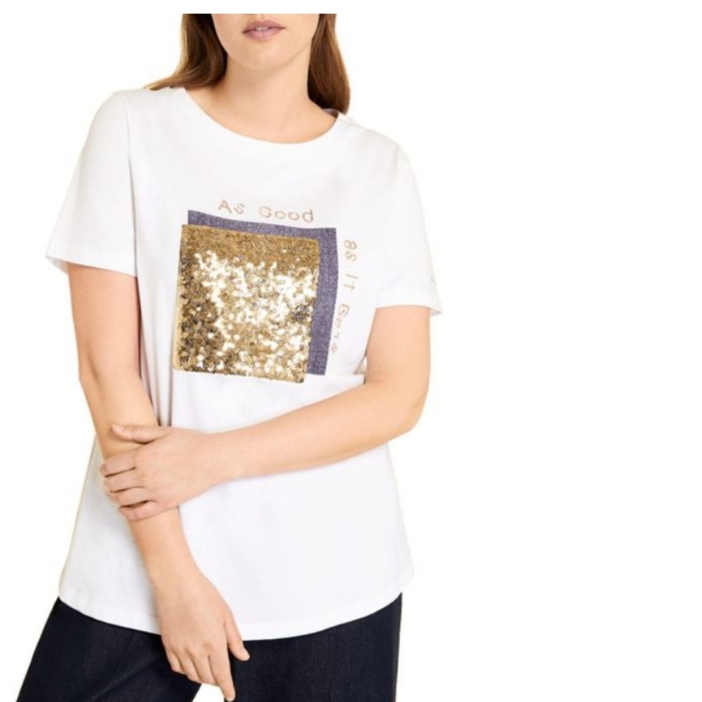 Marina Rinaldi White Vaniglia Sequin Graphic T-Shirt Women Size L Cotton